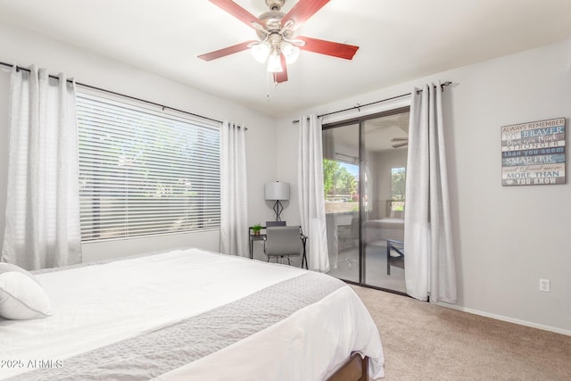 carpeted bedroom featuring baseboards, a ceiling fan, and access to outside