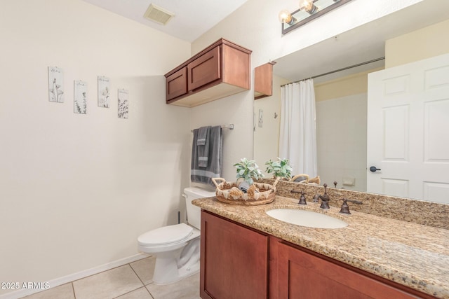 bathroom with vanity, a shower with curtain, visible vents, tile patterned flooring, and toilet