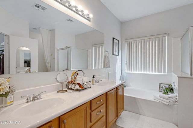 bathroom featuring vanity and independent shower and bath