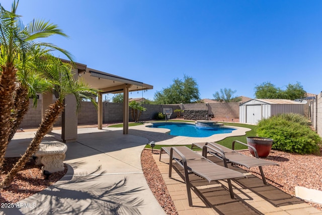 12132 W Caribbean Ln, El Mirage, AZ 85335 - view of swimming pool with a storage shed, a fenced backyard, and a patio