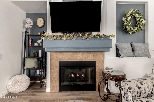 room details with wood-type flooring and a fireplace