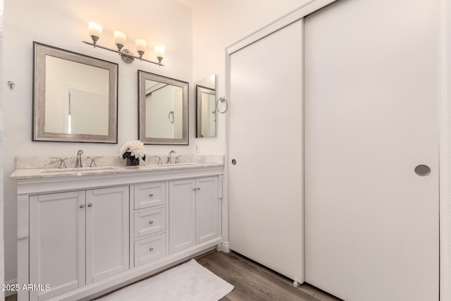 bathroom with vanity and wood-type flooring