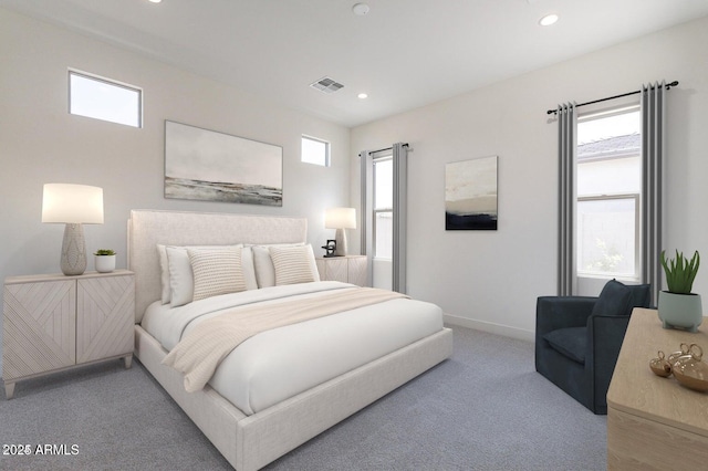 carpeted bedroom featuring recessed lighting, visible vents, and baseboards