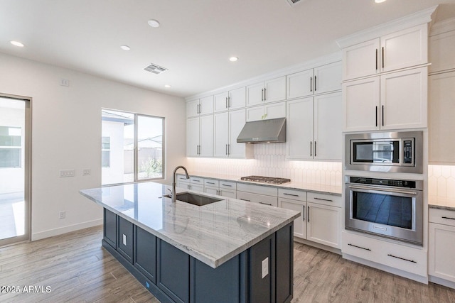 kitchen with under cabinet range hood, stainless steel appliances, light wood-style flooring, and a sink