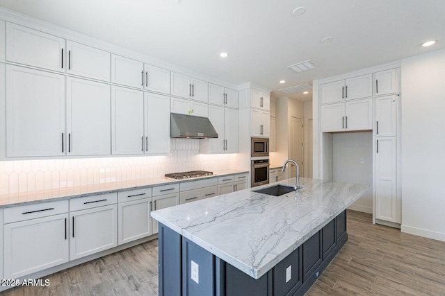 kitchen featuring backsplash, under cabinet range hood, white cabinets, stainless steel appliances, and a sink