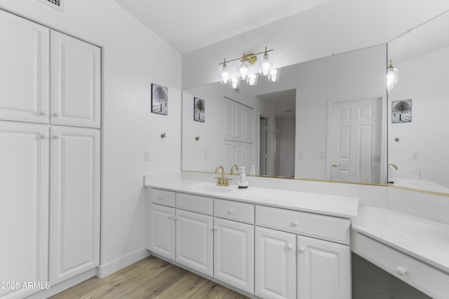 bathroom featuring vanity and hardwood / wood-style flooring