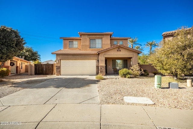 33602 N Cobble Stone Dr, San Tan Valley, AZ 85143 - view of front of house featuring stucco siding, driveway, fence, an attached garage, and stone siding