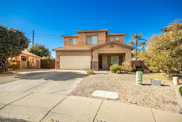 33602 N Cobble Stone Dr, San Tan Valley, AZ 85143 - traditional-style house with stucco siding, concrete driveway, fence, a garage, and a tile roof