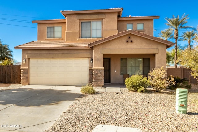 33602 N Cobble Stone Dr, San Tan Valley, AZ 85143 - view of front of house featuring stucco siding, fence, driveway, an attached garage, and stone siding