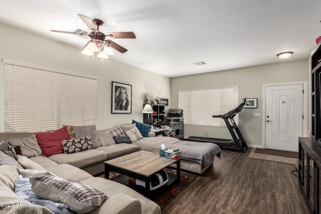 33602 N Cobble Stone Dr, San Tan Valley, AZ 85143 - living area with dark wood finished floors, a ceiling fan, and baseboards