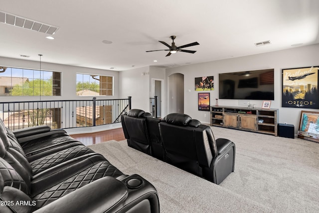 4418 W Yoosooni Dr, New River, AZ 85087 - living room featuring a ceiling fan, recessed lighting, and arched walkways
