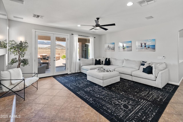 4418 W Yoosooni Dr, New River, AZ 85087 - living area with tile patterned flooring, french doors, a ceiling fan, and recessed lighting