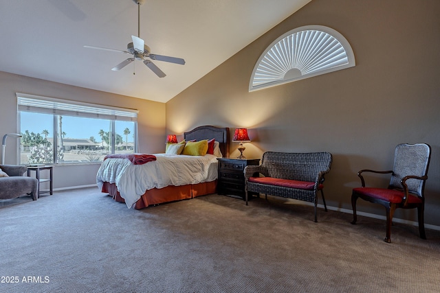 bedroom featuring high vaulted ceiling, ceiling fan, and dark carpet