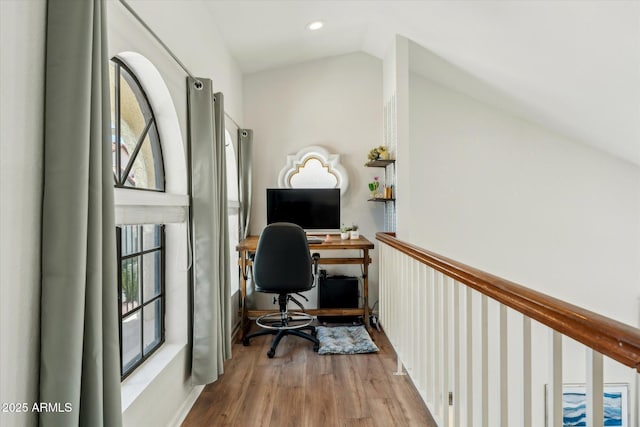 office area with wood finished floors, vaulted ceiling, and recessed lighting