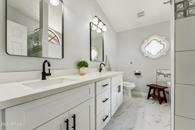 full bath featuring marble finish floors, toilet, double vanity, walk in shower, and baseboards