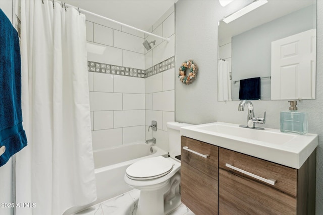 bathroom with toilet, shower / tub combo with curtain, vanity, and marble finish floors