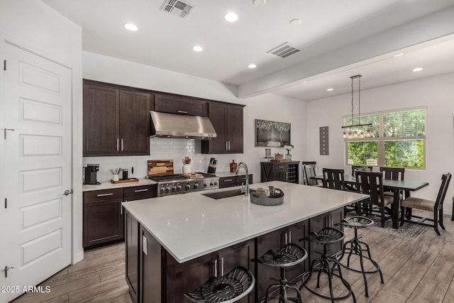 9922 E Thunderbolt Ave, Mesa, AZ 85212 - kitchen featuring under cabinet range hood, a sink, stove, light wood-style flooring, and a breakfast bar