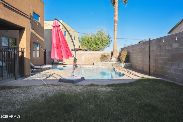 view of swimming pool with a fenced in pool, a fenced backyard, and a patio area