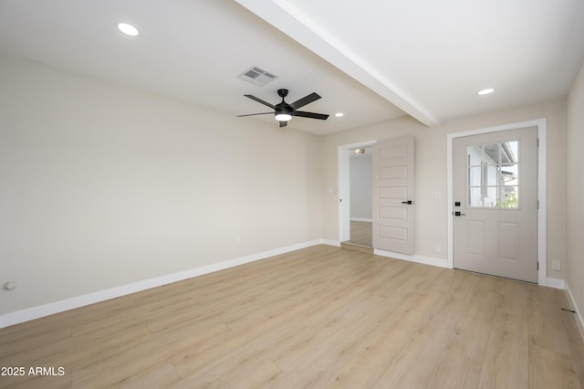 interior space featuring recessed lighting, baseboards, visible vents, and light wood-style flooring