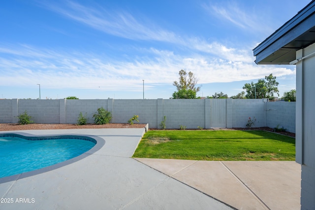 view of swimming pool with a lawn, a patio, a fenced in pool, and a fenced backyard