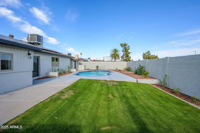 view of yard with a fenced backyard, a fenced in pool, central air condition unit, and a patio
