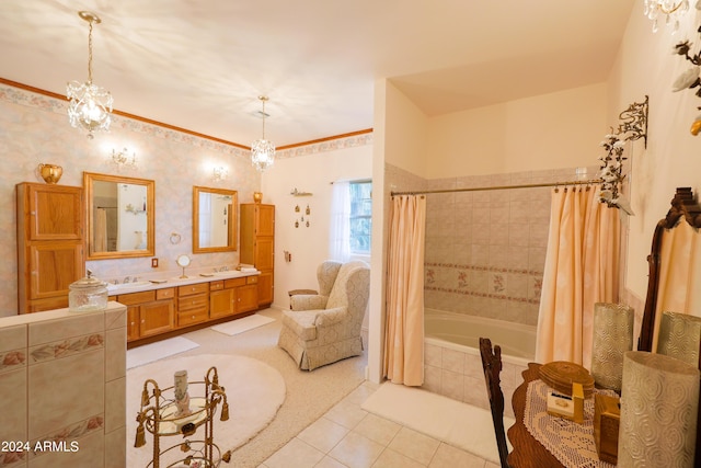 bathroom featuring a notable chandelier, tile patterned flooring, shower / bath combo, and vanity