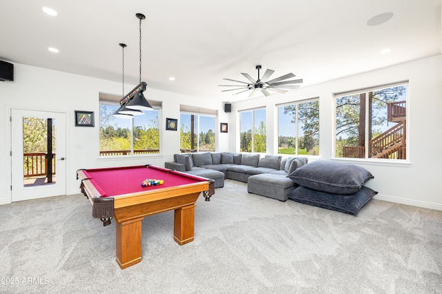 recreation room with a healthy amount of sunlight, carpet, and recessed lighting