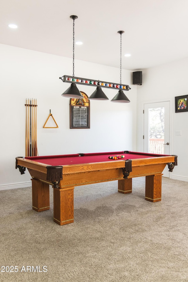 recreation room featuring carpet floors, recessed lighting, pool table, and baseboards