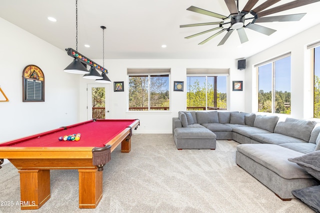 recreation room featuring recessed lighting, billiards, carpet flooring, baseboards, and a ceiling fan