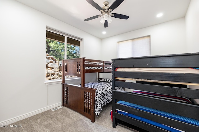 bedroom with a ceiling fan, baseboards, carpet flooring, and recessed lighting