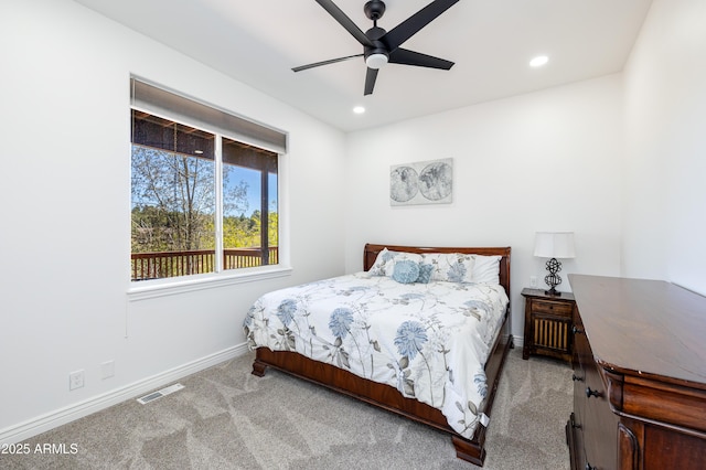 bedroom featuring baseboards, visible vents, ceiling fan, carpet floors, and recessed lighting