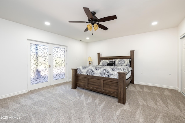 bedroom featuring carpet floors, recessed lighting, baseboards, and french doors