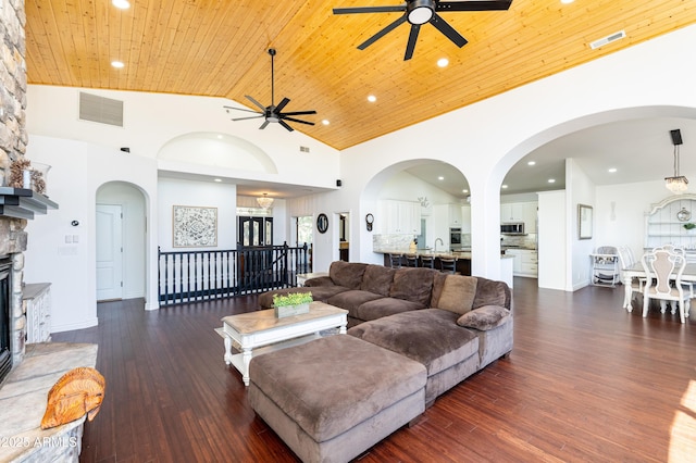 living room featuring high vaulted ceiling, wood ceiling, visible vents, and hardwood / wood-style floors