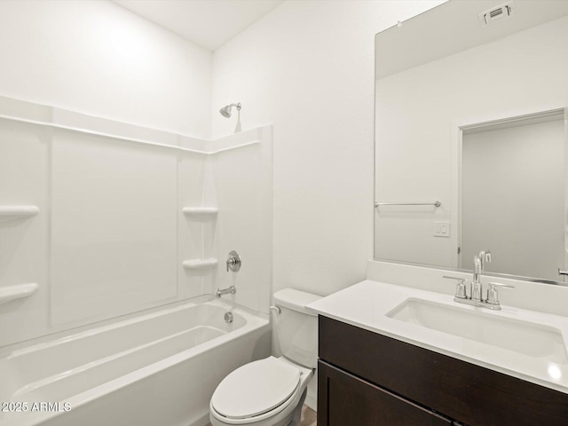 full bathroom with vanity,  shower combination, and toilet