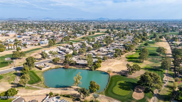 bird's eye view featuring a water and mountain view