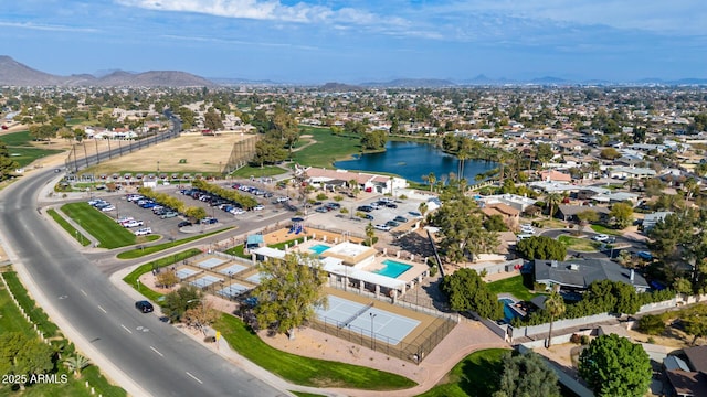 bird's eye view featuring a water and mountain view