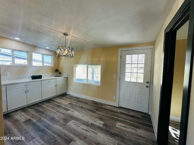 doorway featuring a textured ceiling, dark wood-type flooring, and a wealth of natural light