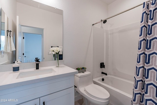 full bathroom with vanity, toilet, and shower / bathtub combination with curtain