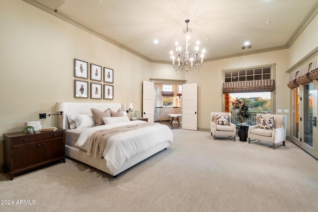 carpeted bedroom featuring a notable chandelier and ornamental molding