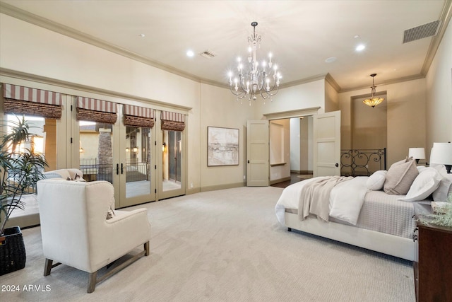 bedroom with access to outside, light colored carpet, a notable chandelier, and ornamental molding