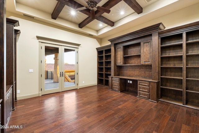 unfurnished office featuring beamed ceiling, french doors, and dark wood-type flooring