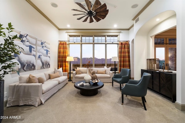 living room featuring crown molding and light colored carpet