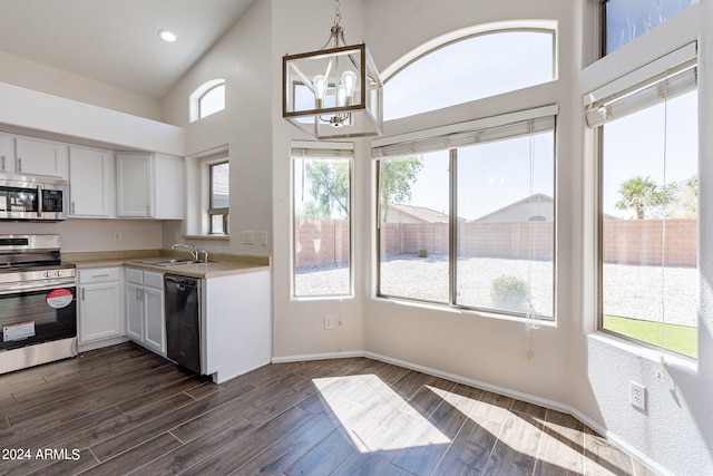 kitchen with white cabinets, pendant lighting, a chandelier, stainless steel appliances, and dark hardwood / wood-style flooring