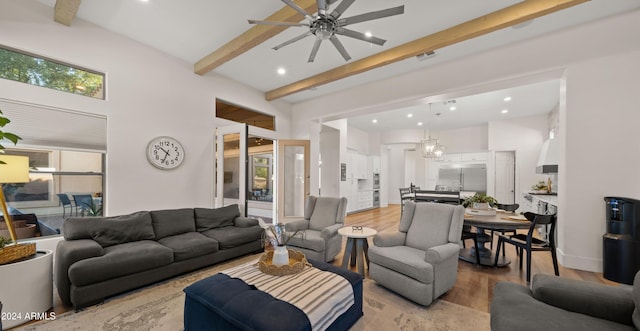 6429 S Honor Ct, Gilbert, AZ 85298 - living room with beamed ceiling, a ceiling fan, light wood-style flooring, and recessed lighting