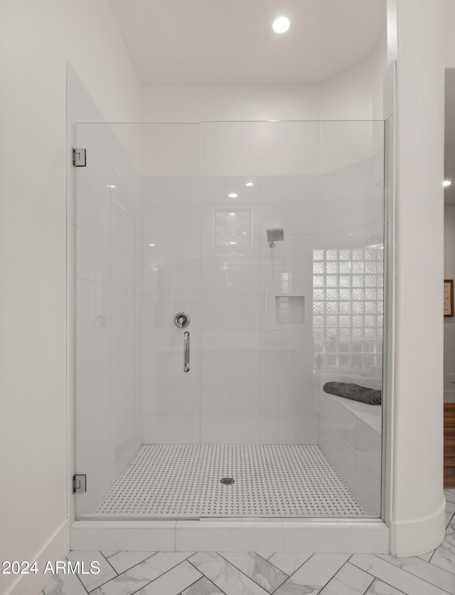 6429 S Honor Ct, Gilbert, AZ 85298 - bathroom with a stall shower, marble finish floors, baseboards, and recessed lighting