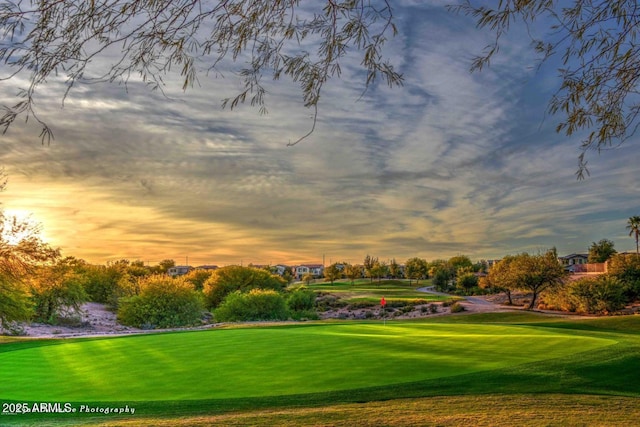 view of property's community with a yard and golf course view