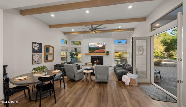 living room featuring a fireplace, wood finished floors, and a wealth of natural light