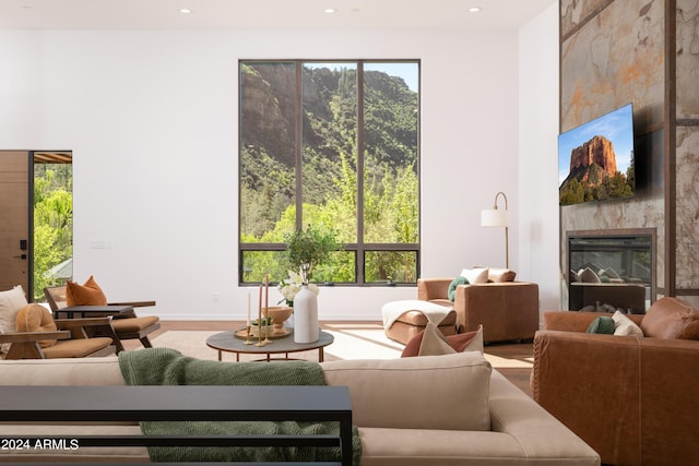 living room with recessed lighting, wood finished floors, and a fireplace