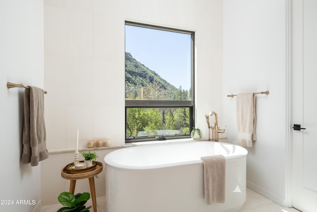 full bath featuring a mountain view and a freestanding tub