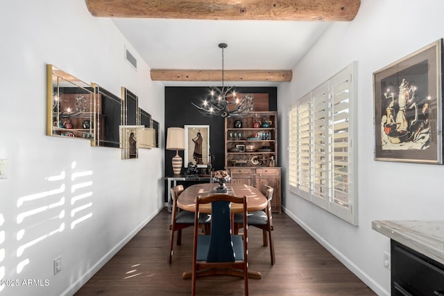 dining space with beamed ceiling, dark wood-type flooring, and a chandelier